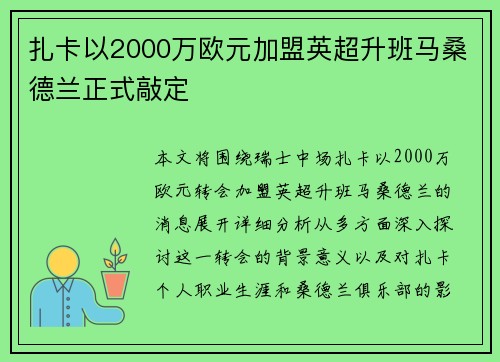 扎卡以2000万欧元加盟英超升班马桑德兰正式敲定